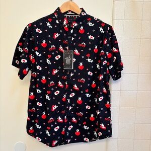 NWT Denim & Flower Unisex Black Short Sleeve Button Down Shirt Size XL Dog Love